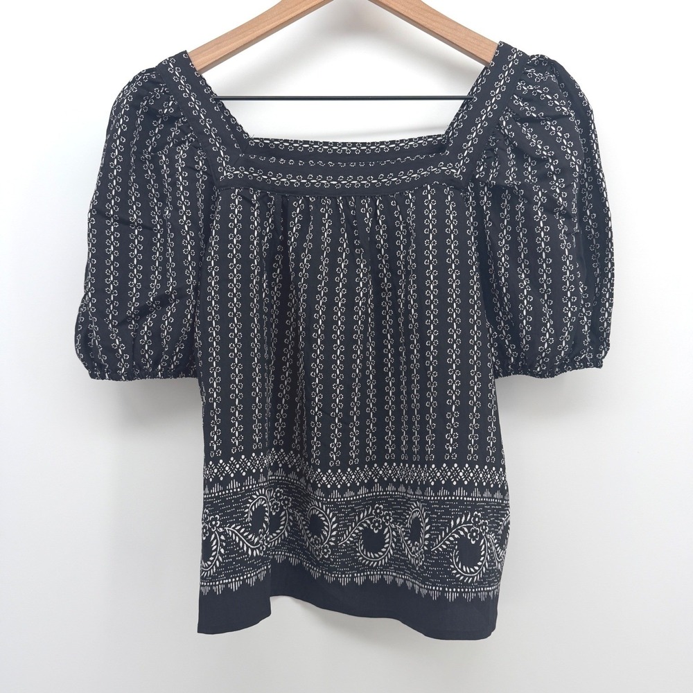 Ann Taylor Factory Top Womens XSP Black White Puff Sleeve Square Neck Boho NEW